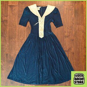 Vintage 80s Sz 6 Joanie Char Navy Sailor Lace Up Cotton Linen Midi Dress Blue